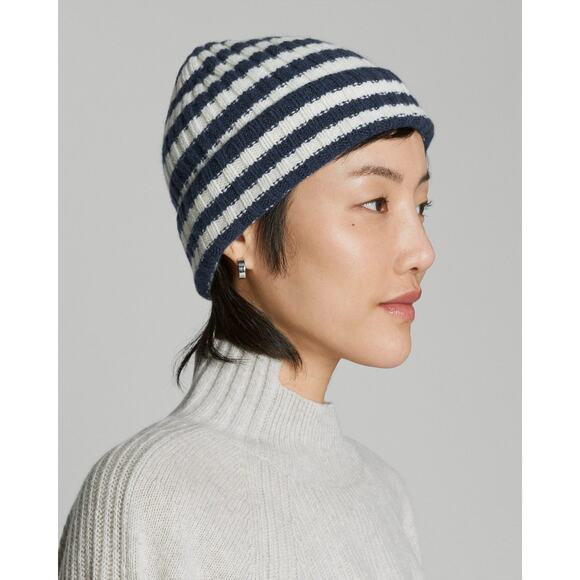 Everlane the Cashmere Unisex Striped Beanie in Navy and White NWT - Picture 1 of 6
